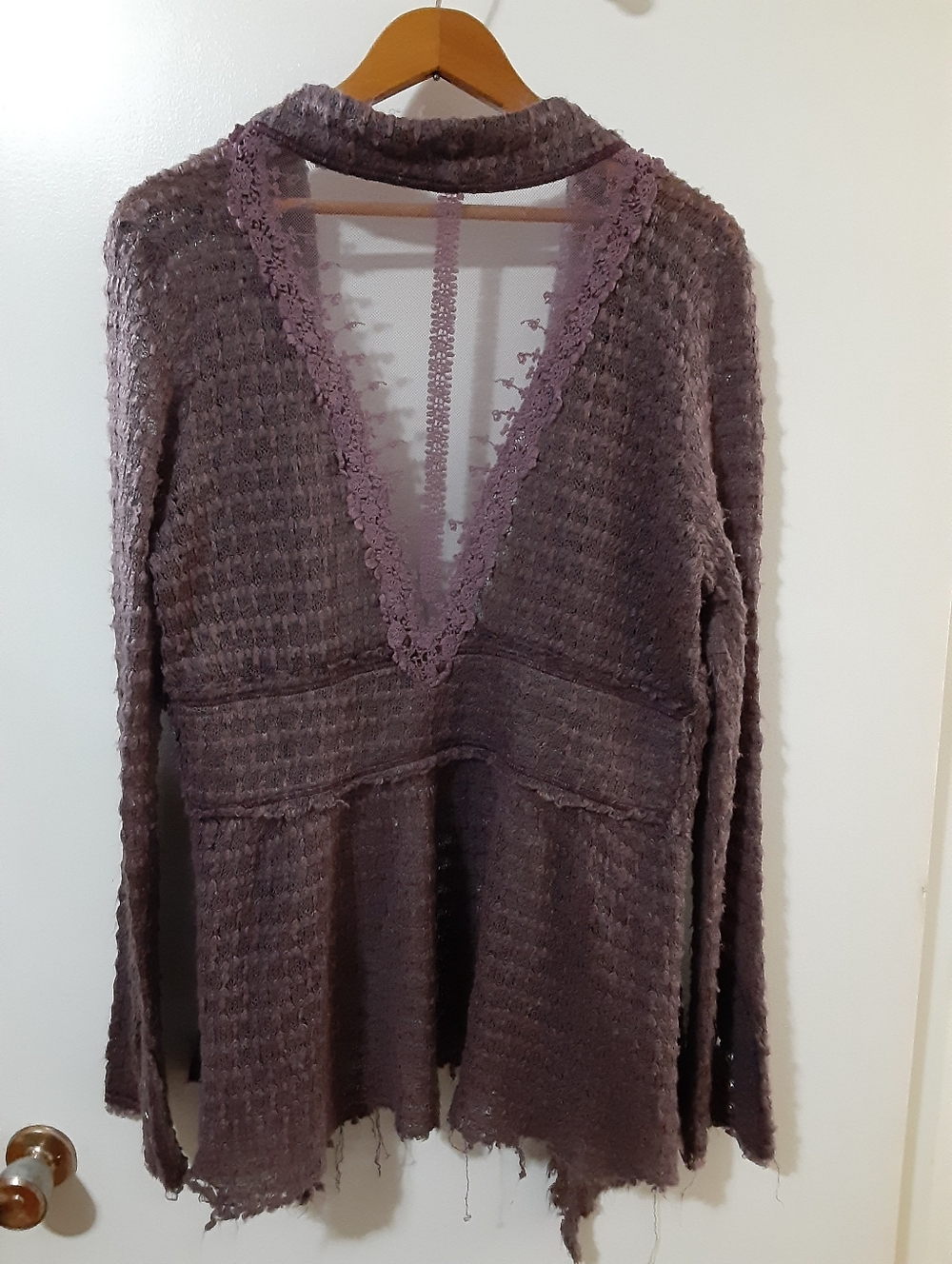 Boho Textured Raw Hem Cardigan Top Merlot Lace Cuff Free People Vibe - Picture 2 of 10